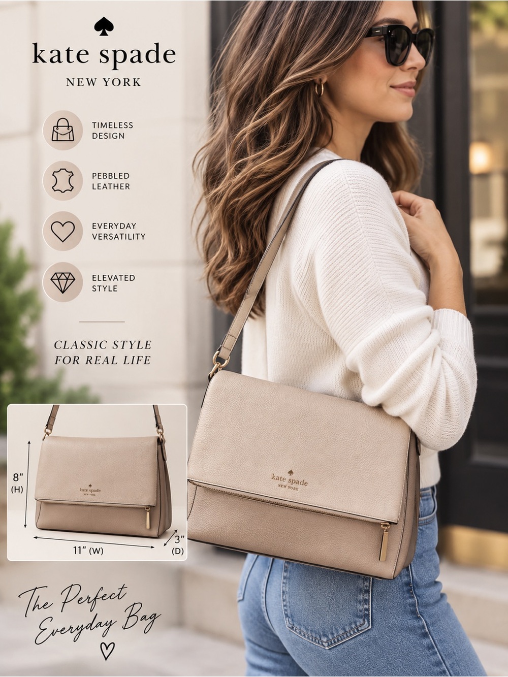 Kate Spade New York Beige Taupe Pebbled Leather Shoulder Bag Purse